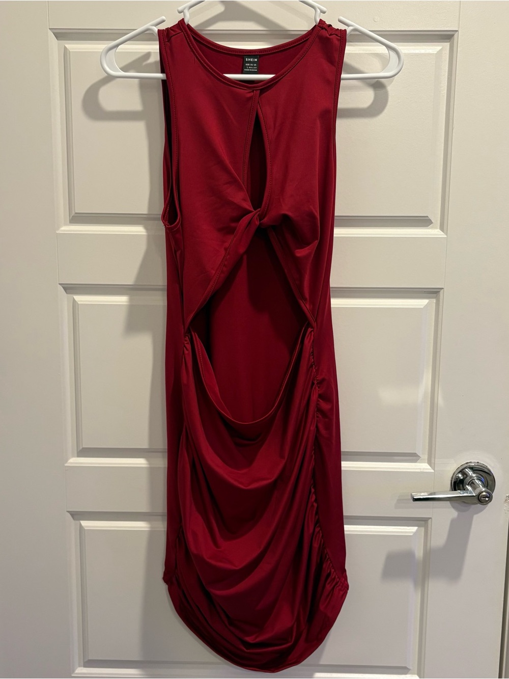 NWOT SHEIN Maroon Twist Front Cutout Ruched Mini Bodycon Dress L